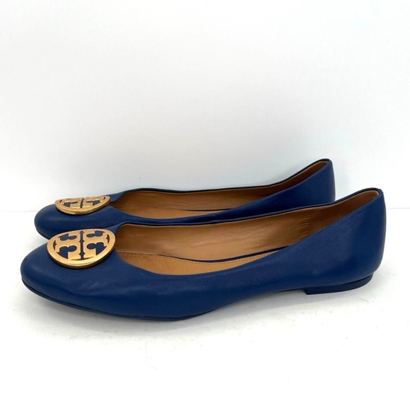 Tory Burch Women’s Benton blue leather ballet flats oversized golden logo - Picture 3 of 8